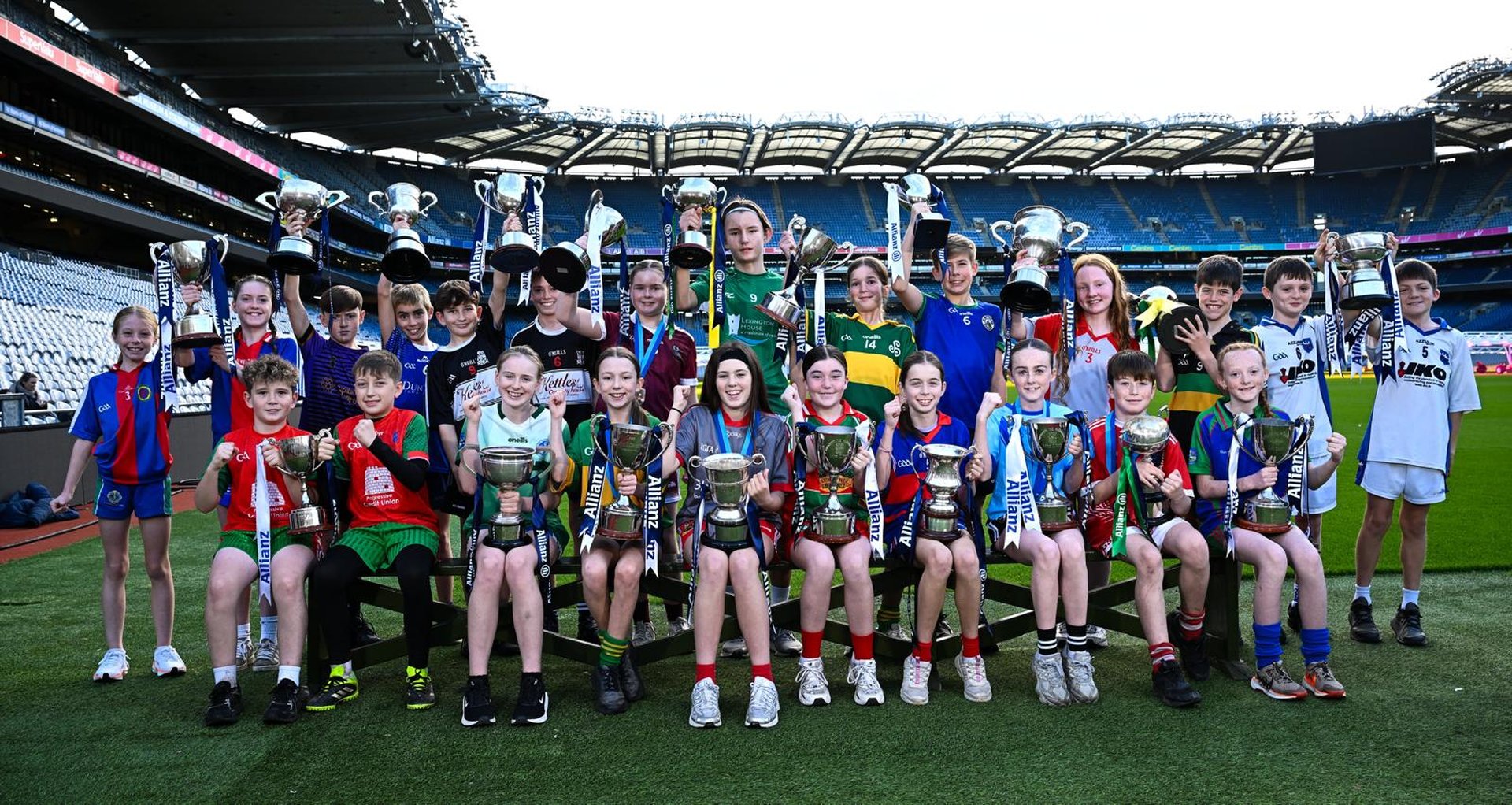Captains’ pic: All captains, boys and girls, display their trophies in Croke Park last season. Image
