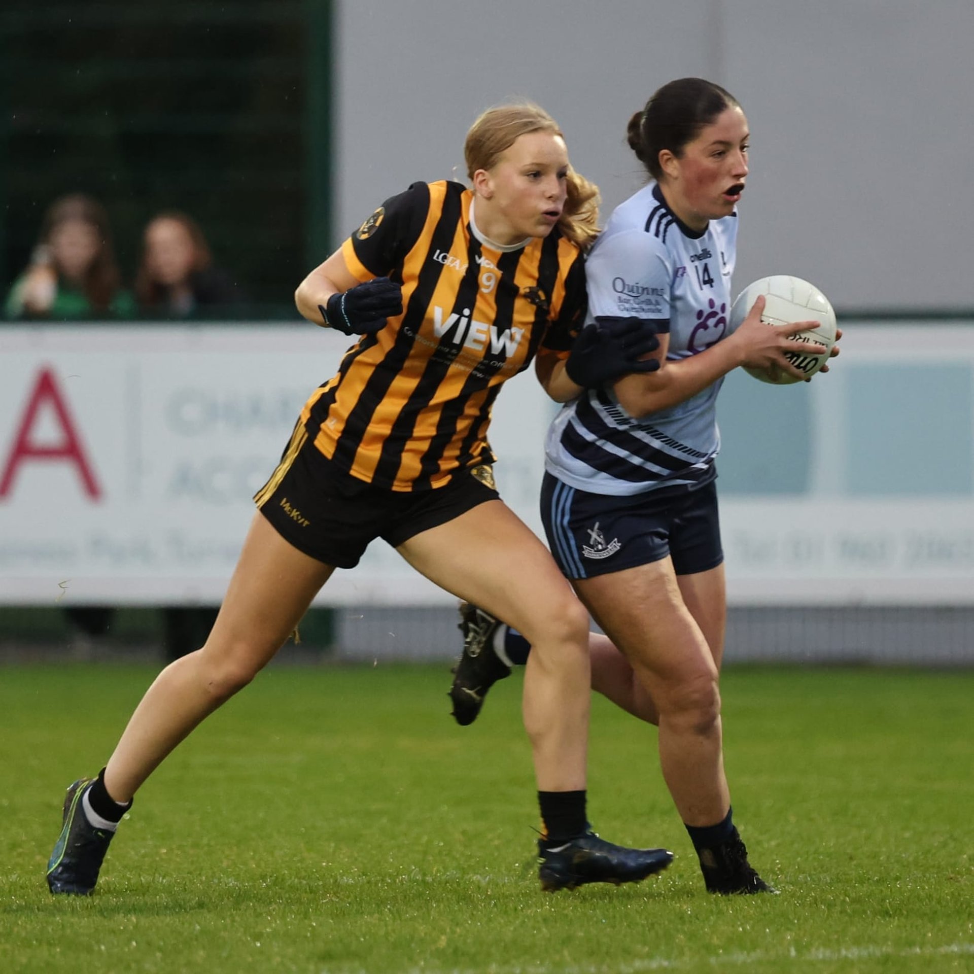 Issy Harrell (Naomh Mearnóg) and Emer Quinn (Garristown) in action during the Go Ahead Ireland Junior C championship final. Sept 19th. Credit Maurice Grehan. Image