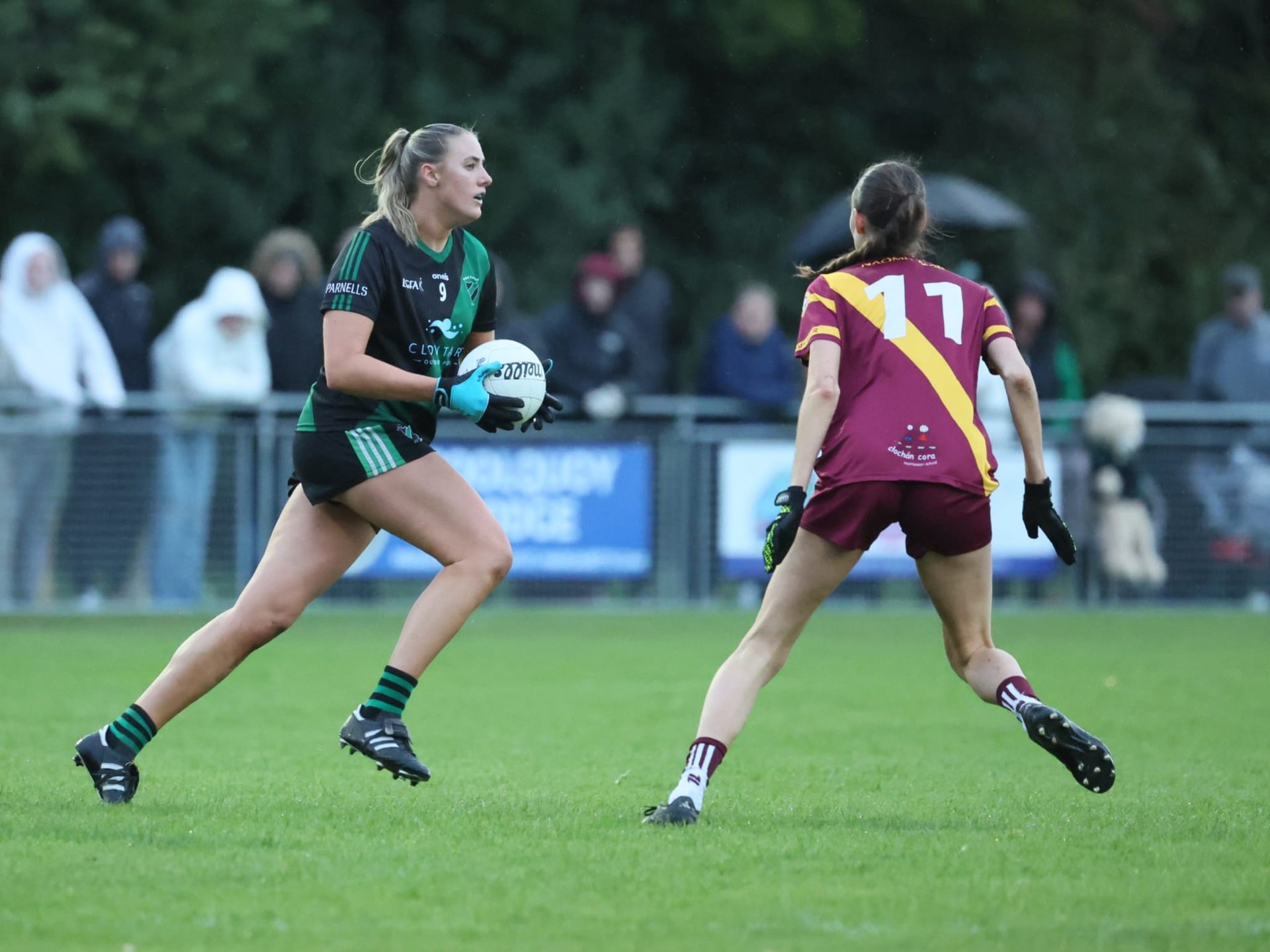 Chloe Darby (Pobal Parnell) in action during the Go Ahead Ireland Intermediate Final. Also pictured Eimear Conway (St Maurs). Oct 4th. Credit Maurice Grehan Image