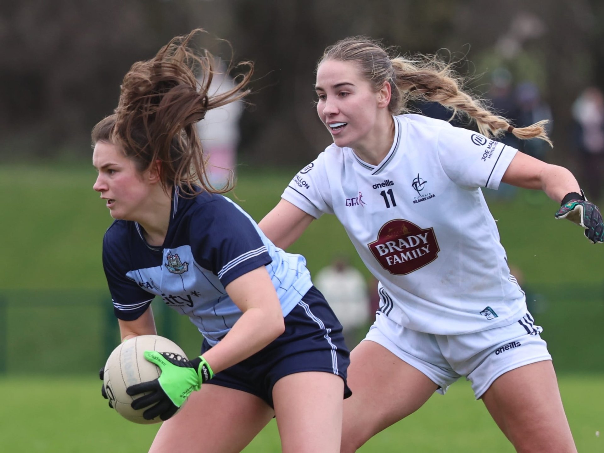 Dublin's Kate Sullivan in action versus Ciara Wheeler of Kildare during their side Lidl NFL Rd 4 encounter played at O'Dwyers GAA club, Balbriggan. Image Credit Maurice Grehan Image
