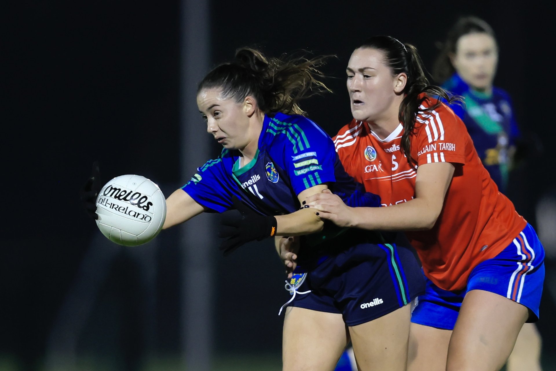 Action from the 2025 senior semi final. Angela McGuigan (St Sylvesters) and Niamh Hetherton (Clontarf) pictured in action. Image credit Maurice Grehan.  Image
