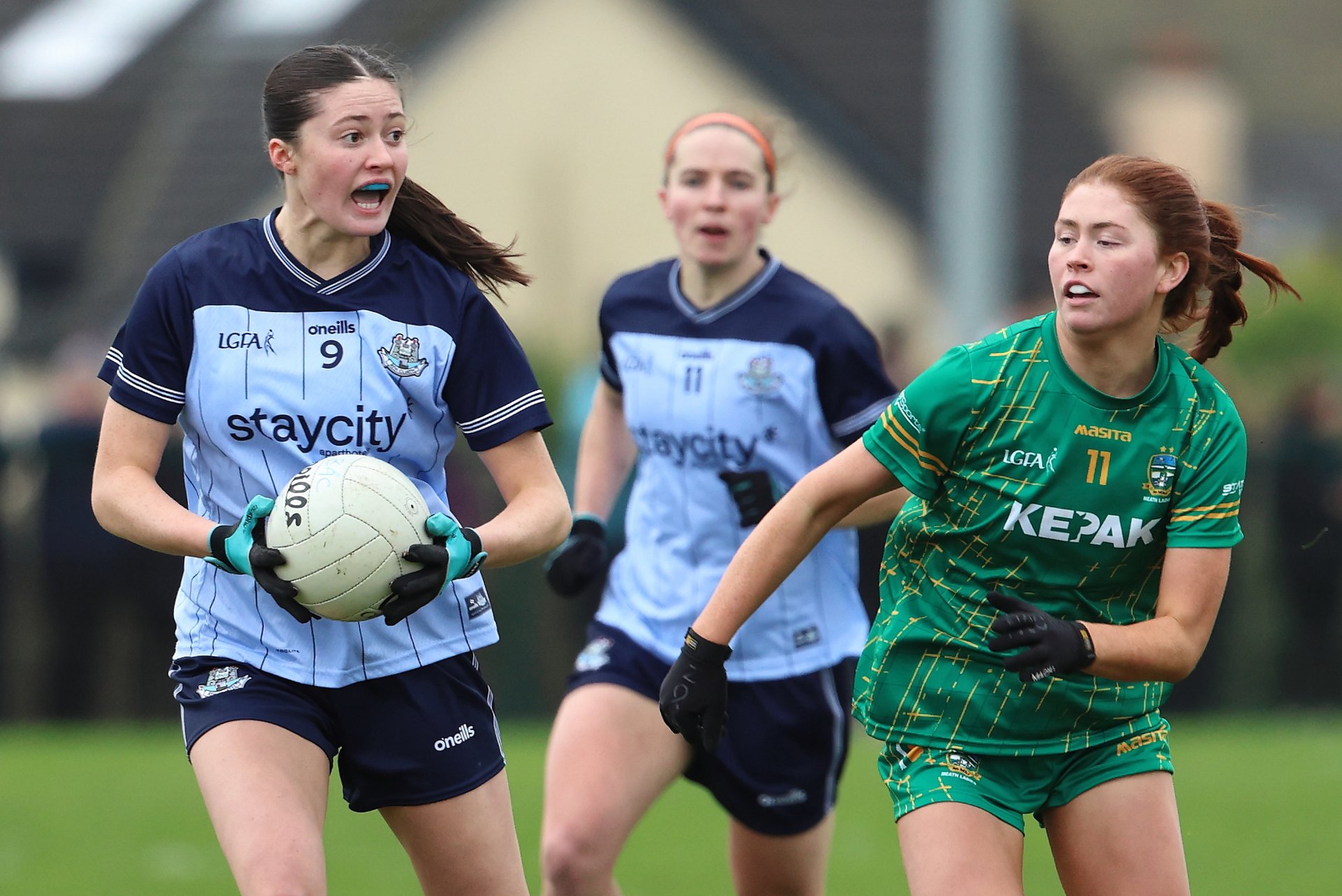 Dublin's Hannah McGinnis (Skerries Harps) in action vs Meath's Ciara Smyth during their sides Rd 2 Lidl NFL game played in Stamullen, Feb 2nd. Image Credit Maurice Grehan Image
