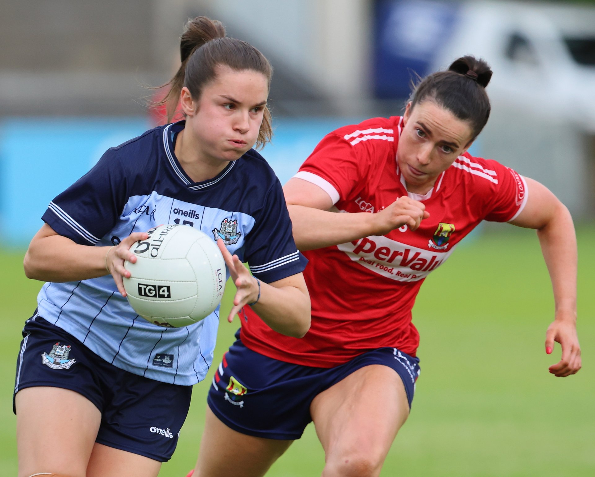 Dublin's Kate Sullivan in action versus Shauna Kelly of Cork. TG4 All Ireland quarter final. Parnell Park July 4th. Image credit Maurice Grehan. Image