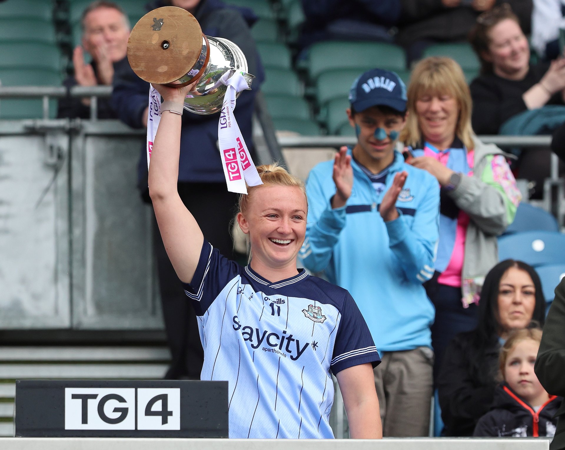 Dublin captain Carla Rowe (Clann Mhuire) lifts aloft the Mary Ramsbottom Cup following her sides victory over Kildare at Croke Park. Image credit Maurice Grehan Image
