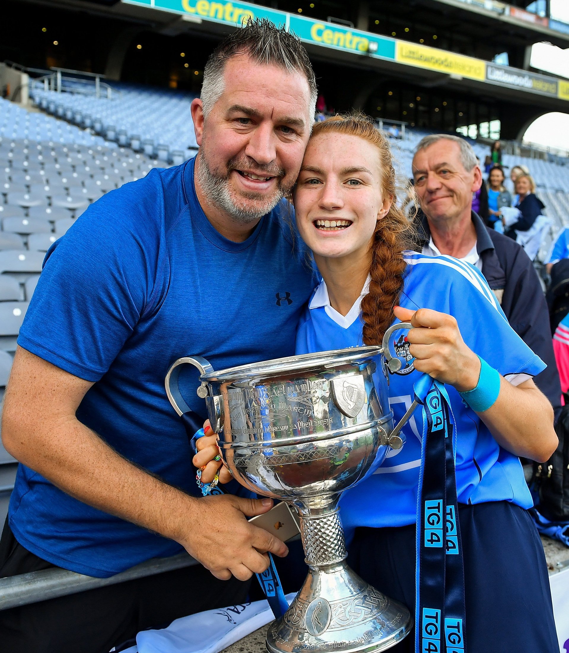 Proud Dad Johnny Magee with his Daughter Lauren following Dublin's win in the 2018 All Ireland final vs Cork. Image credit Sportsfile.  Image