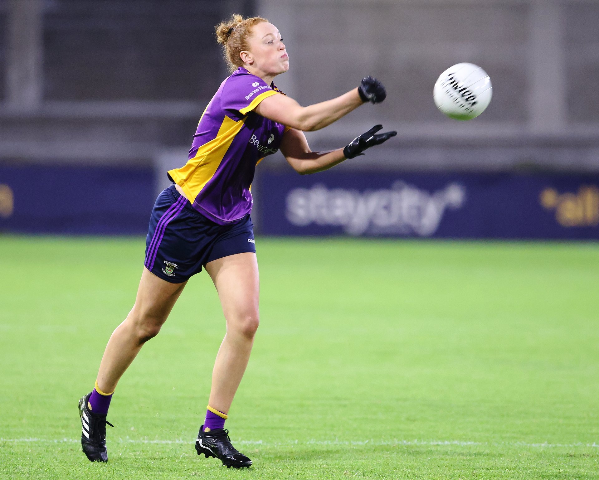 Kilmacud Crokes Niamh Cotter converted a second half penalty kick to confirm victory for her team in Sunday's Leinster semi final vs Dunshaughlin Royal Gaels. Credit Maurice Grehan.  Image