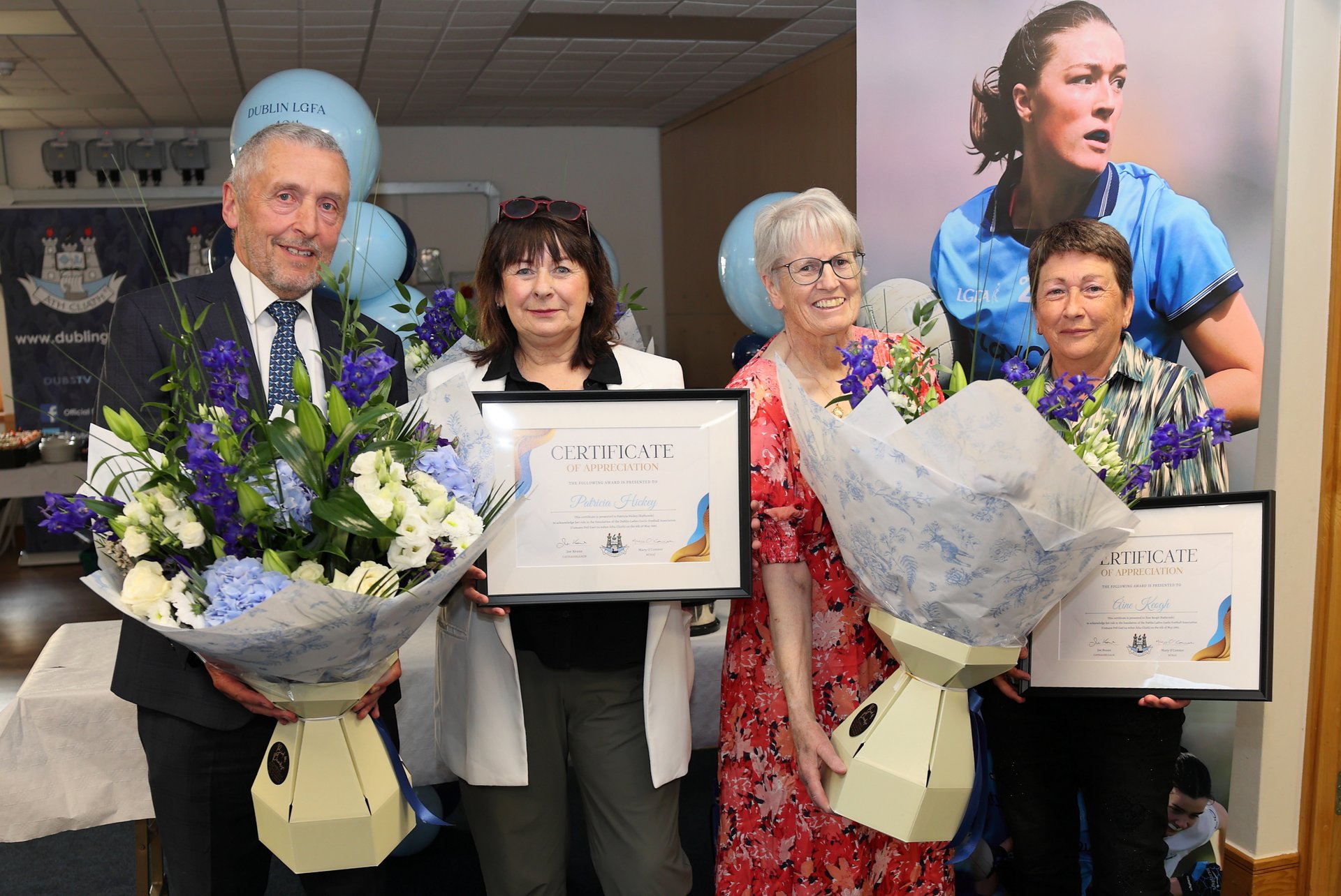 L to R: Chairperson Joe Keane, first County Secretary Patricia Hickey, Secretary Mary O'Connor, first County Chairperson Aine Keogh pictured at the Dublin LGFA 40th Anniversary event held in Parnell Park, May 6th. Credit Maurice Grehan.  Image