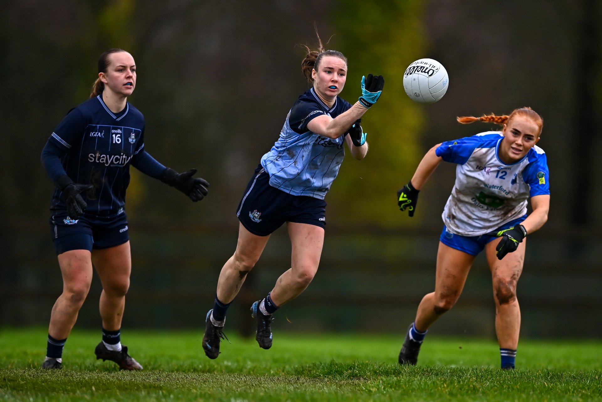 Dublin's Hannah Leahy (Clontarf) clears the ball during her sides Lidl NFL Rd 3 encounter against Waterford in Dungarvan. Image credit Sportsfile Image