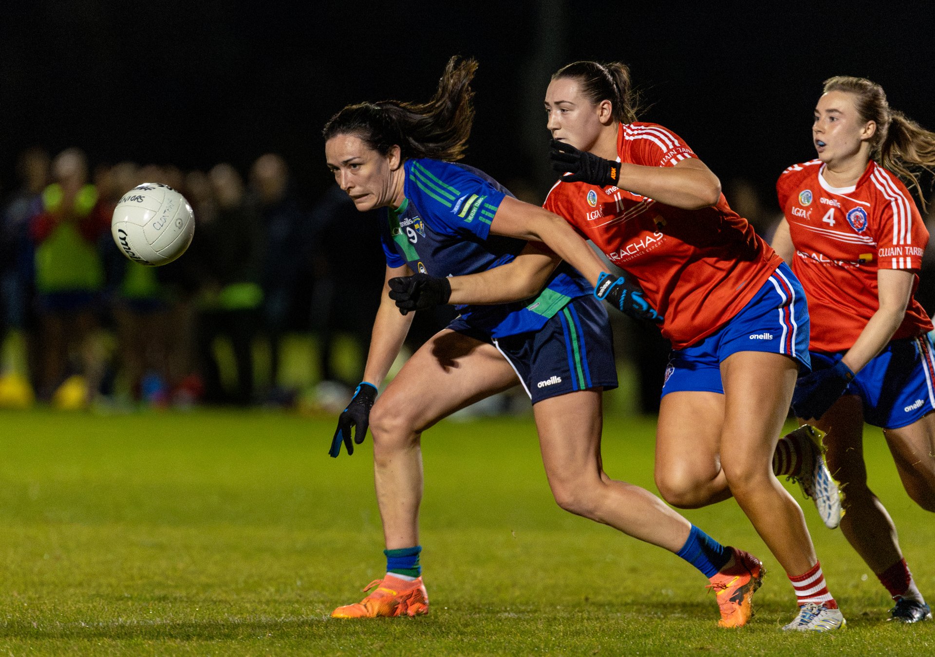 Niamh McEvoy (St Sylvesters) and Niamh Hetherton (Clontarf) in action during the PTSB Senior SFC semi-final, Sept 23d. Image credit Matthew Burke. Image