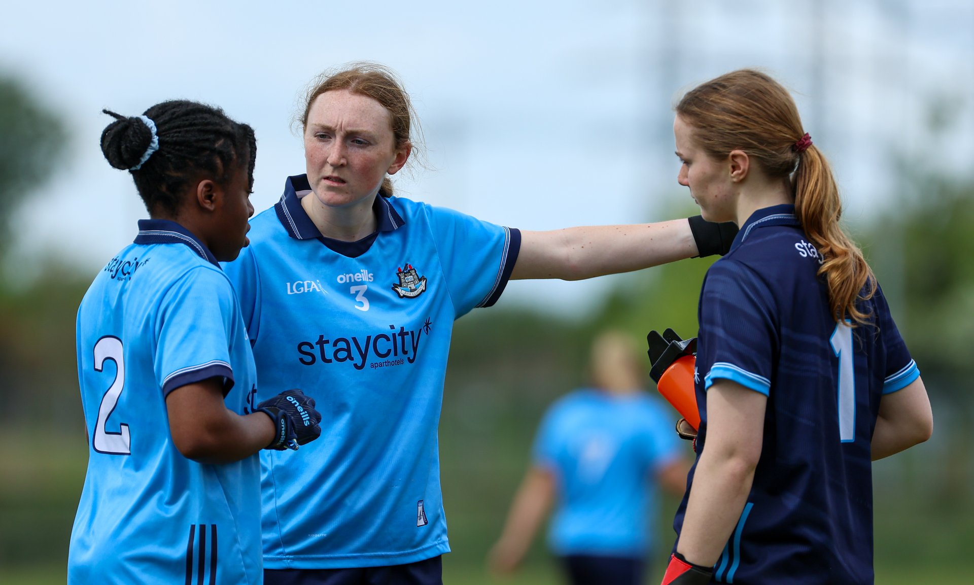 Dublin's Abaigh Pollock (Thomas Davis), Charlene Sone Lenou (Naomh Olaf) and Siún Nic Fhinn (Na Fianna) pictured during their championship encounter with Mayo. Credit Matthew Burke.  Image