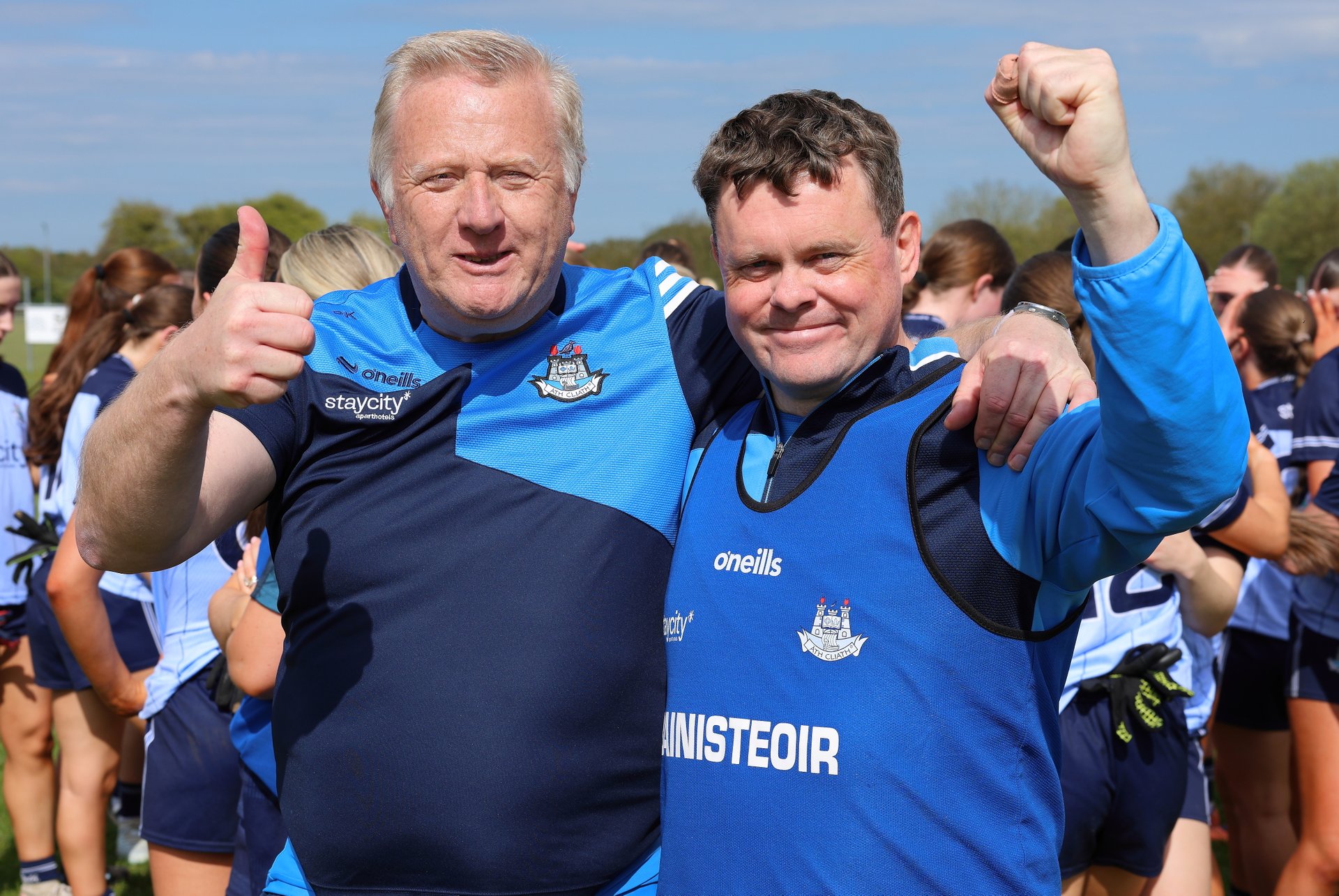 Dublin selector Pat Kane and Dubs manager Declan Patton enjoy their sides victory over Meath in the Leinster Minor A Final. Image Credit Maurice Grehan.  Image