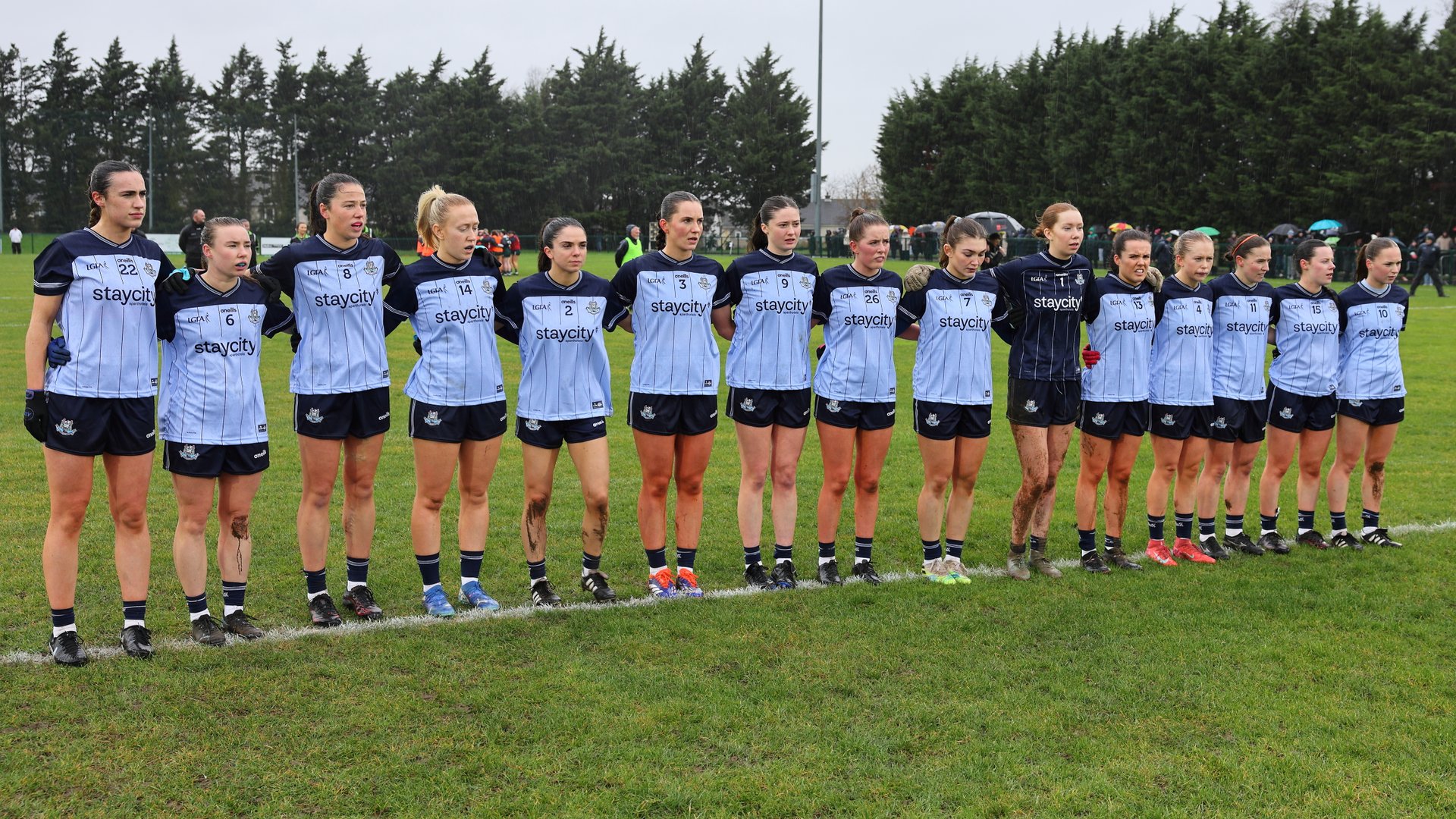 The Dublin team stand for the national anthem ahead of their LIDL NFL Div 1 clash with Kerry on Saturday Jan 24th. Credit Sportsfile.  Image