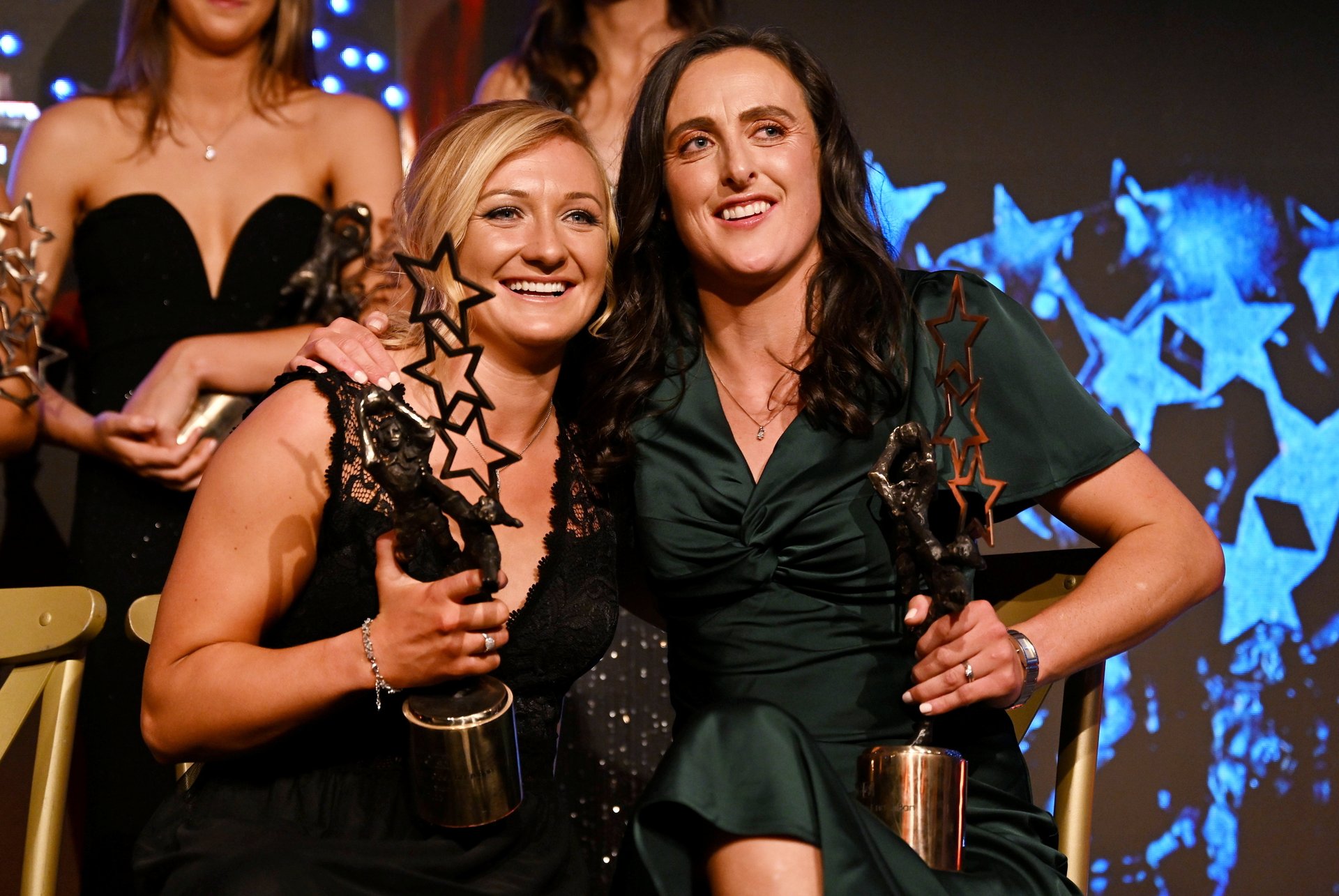 Dublin's Carla Rowe & Hannah Tyrrell pictured at the 2023 TG4 LGFA All Stars Ceremony. Credit Sportsfile.  Image