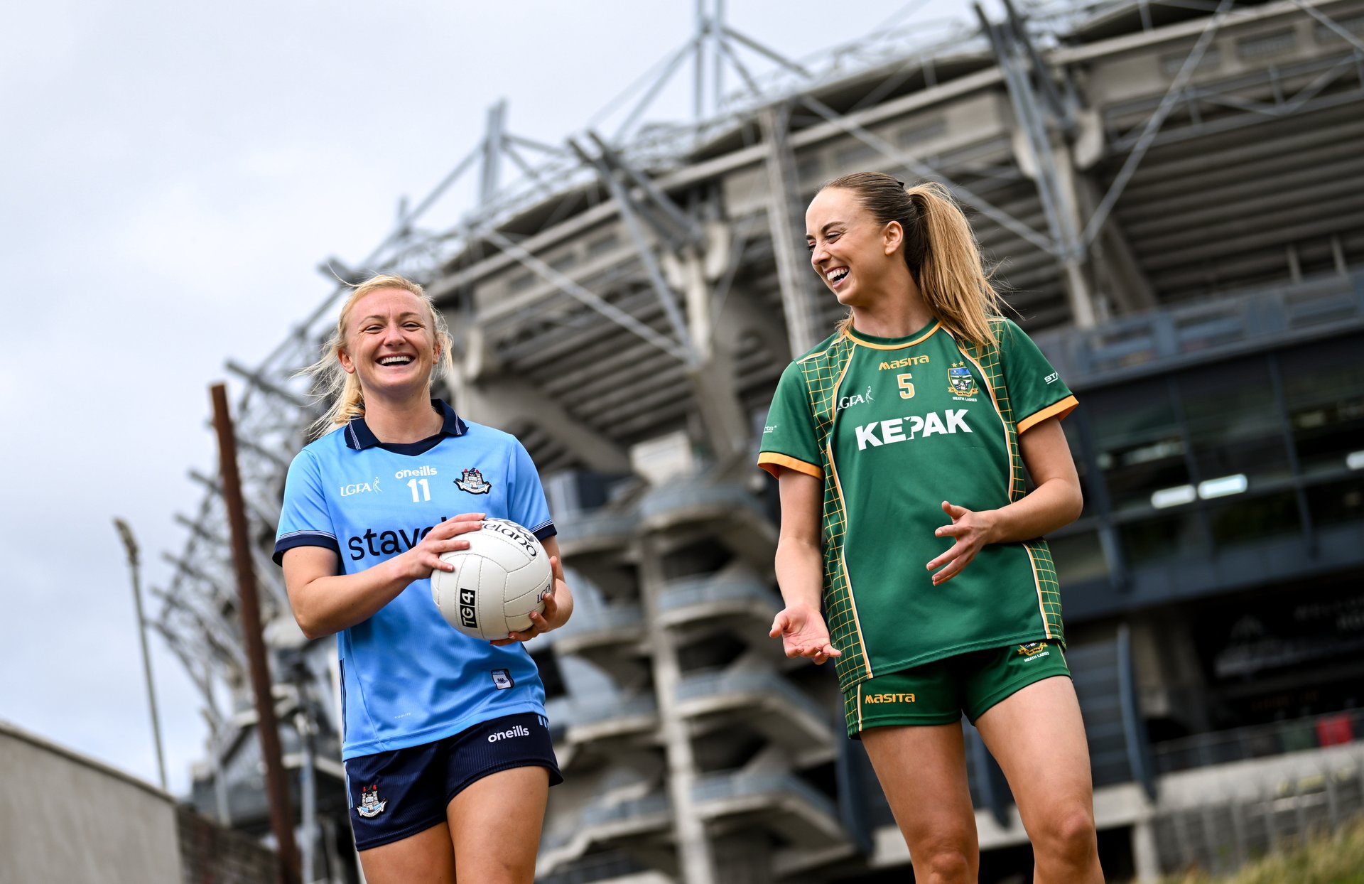 Dublin's Carla Rowe alongside Meath's Aoibhín Cleary pictured at the LGFA Captain's Call ahead of the TG4 Senior All Ireland Final, Sunday Aug 3rd, Croke Park 4:15pm. Credit Sportsfile Image