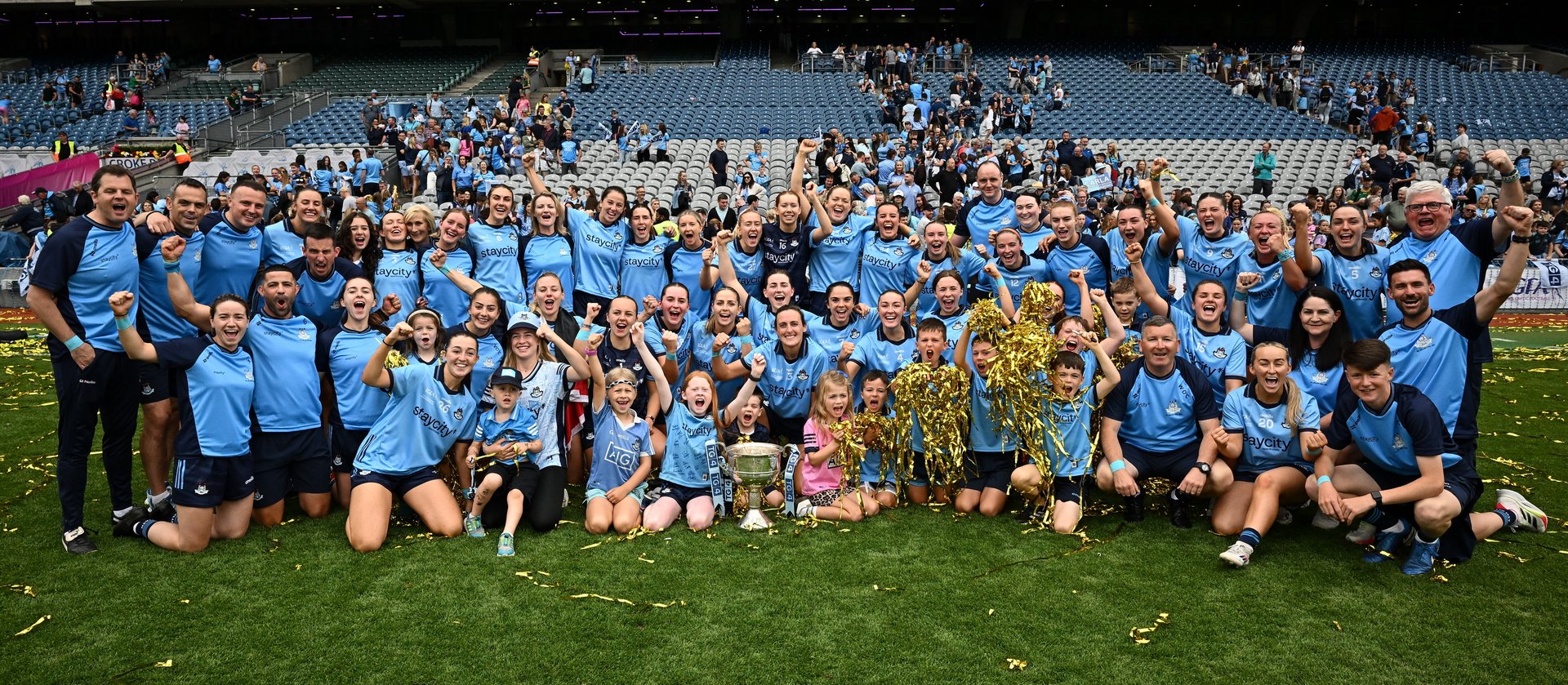 Pictured. Players, management and family following on from Dublin's wonderful victory over Meath. Credit Sportsfile Image