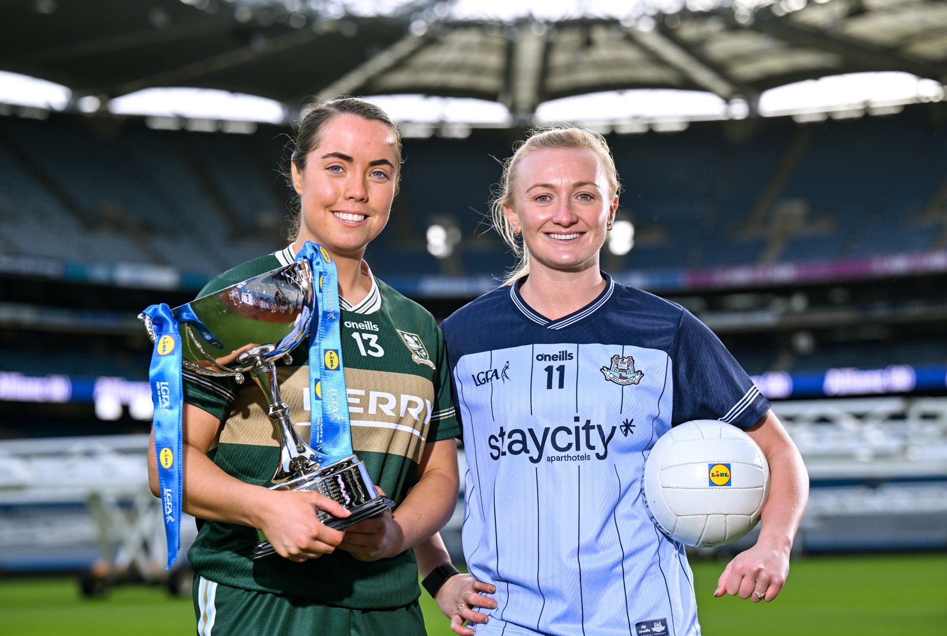 Dublin captain Carla Rowe pictured alongside Kerry's Danielle O'Leary at the recent LIDL NFL launch in Croke Park. Credit Sportsfile. Image